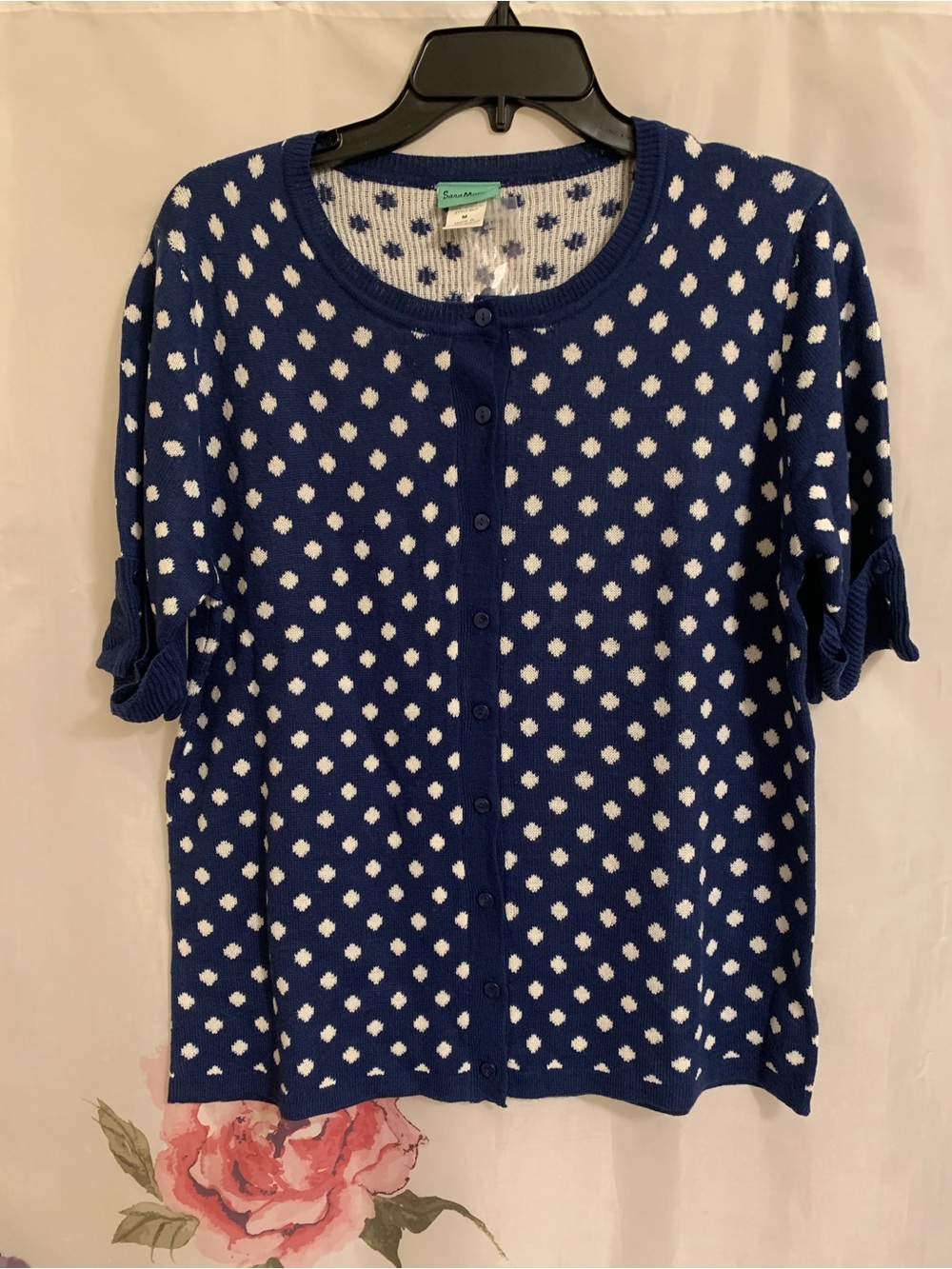 Blue Polka Dot Short Sleeve Crewneck Cardigan Sweater